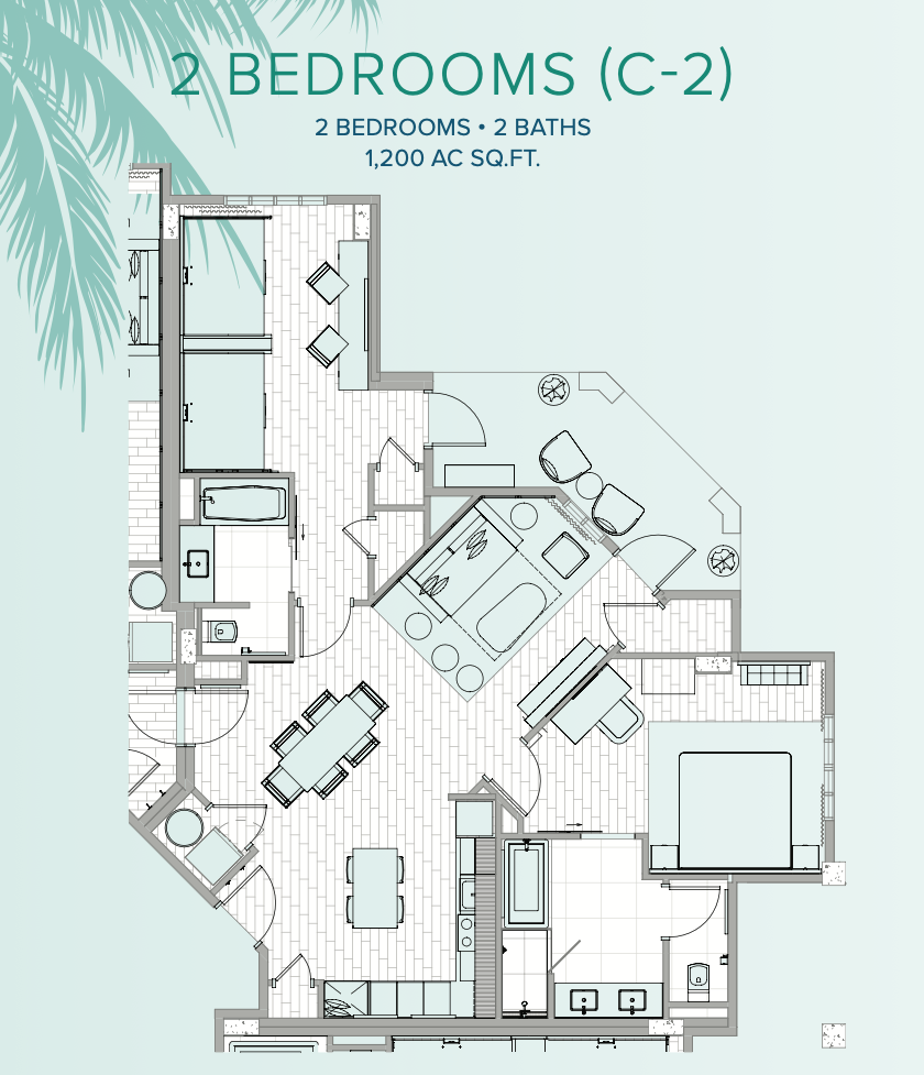 Floor plan of the type C-2 two-bedroom suite: an angled corner footprint with two bedrooms, each with its own bathroom, a central living area, kitchen with dining table, and a private balcony.